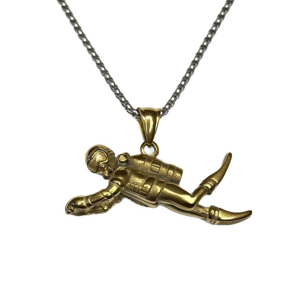 Gold Scuba Diver Swimming Diver Pendant Necklace for Men Women Stainless Steel